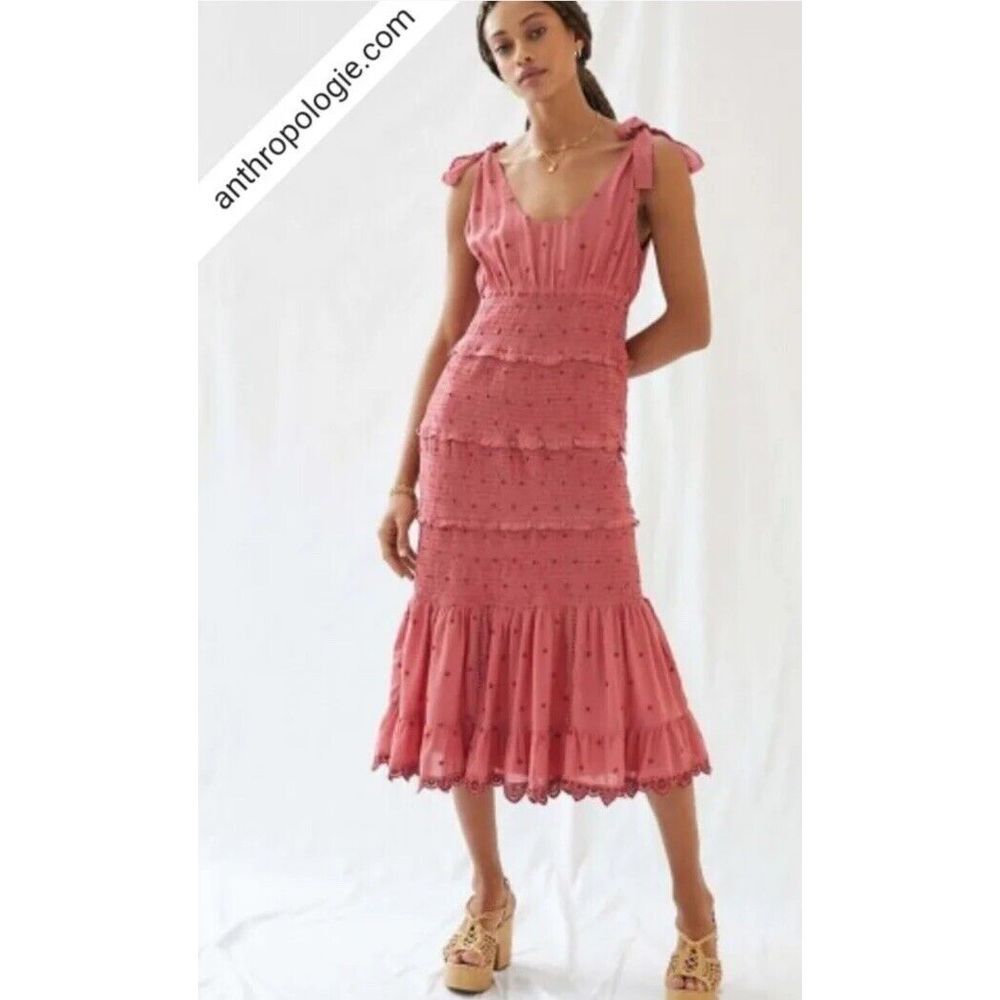 NWT Anthropologie Forever That Girl Embroidered Tiered Midi Dress Sz M $190 Pink